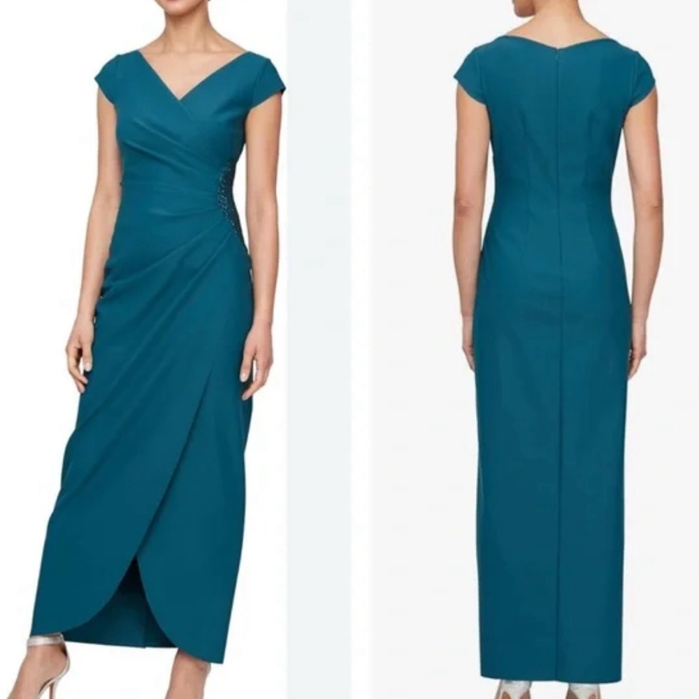 Alex Evenings Teal Green Long Contour Sheath Dress 8 Special Occasion Cap Sleeve